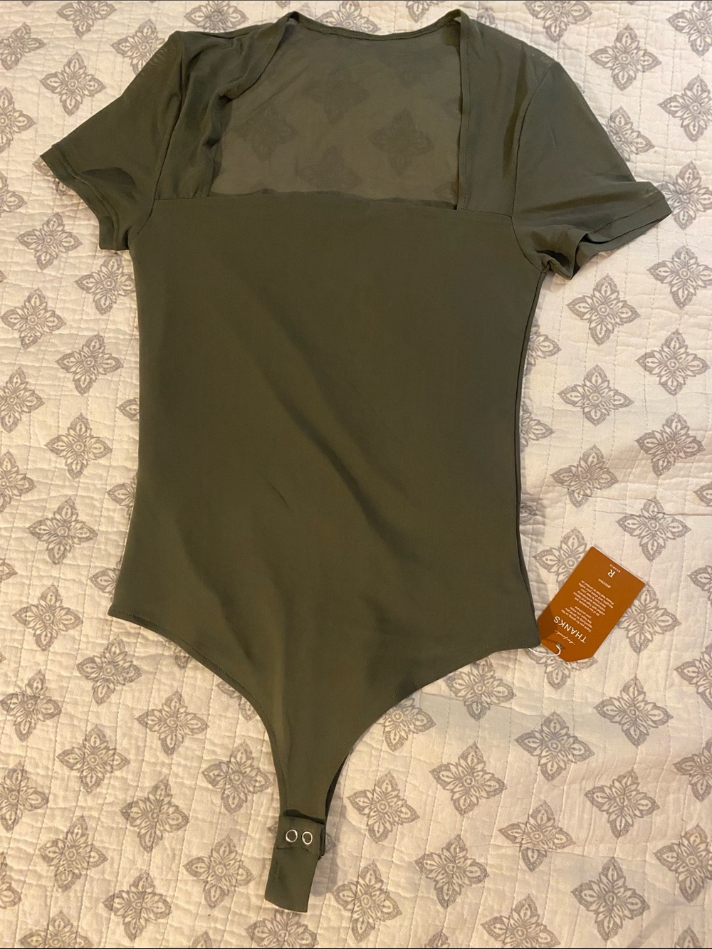 ReoRia Olive Green Short Sleeve Bodysuit with Sheer Yoke